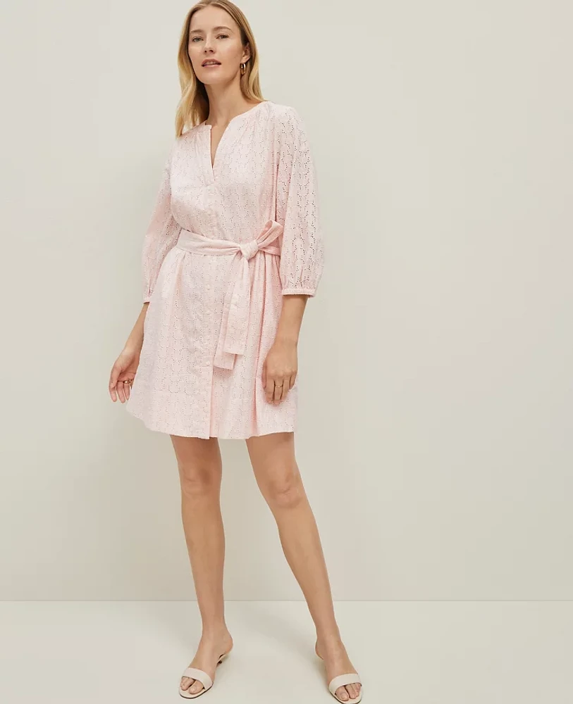 Ann Taylor Petite Eyelet Belted Split Neck Dress Size 2 Potpourri Women's