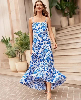 Ann Taylor Petite Tiled Tiered Strappy Maxi Dress Size 0 Power Blue Women's