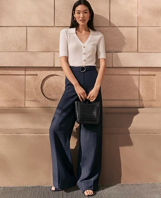 Ann Taylor The Petite Belted Wide-Leg Pant Linen Blend Night Sky Women's