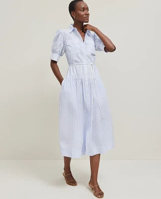 Ann Taylor Petite Embroidered Trim Striped Shirtdress Size 16 Light Blue Women's