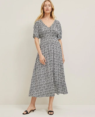 Ann Taylor Petite Floral Smocked Puff Sleeve Dress Black Women's