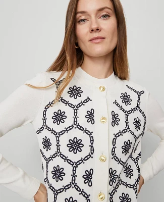 Ann Taylor Floral Embroidered Cardigan White/Navy Women's