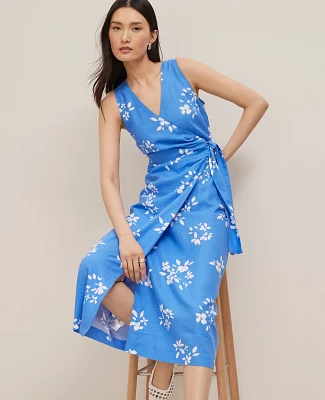Ann Taylor Petite Floral Linen Blend V-Neck Wrap Dress Maritime Blue Women's