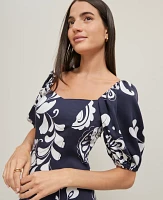 Ann Taylor Petite Floral Puff Sleeve Midi Dress Night Sky Women's