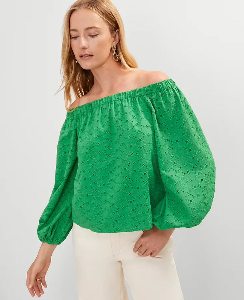 Ann Taylor Petite Eyelet Off The Shoulder Top Natural Green Women's