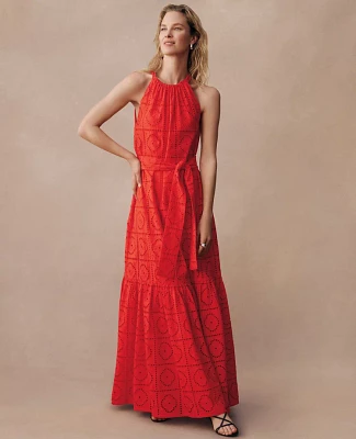 Ann Taylor Petite Eyelet Halter Flare Maxi Dress Size Small Fiery Red Women's