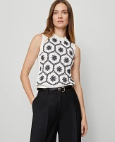 Ann Taylor Floral Embroidered Sweater Shell Top White/Navy Women's