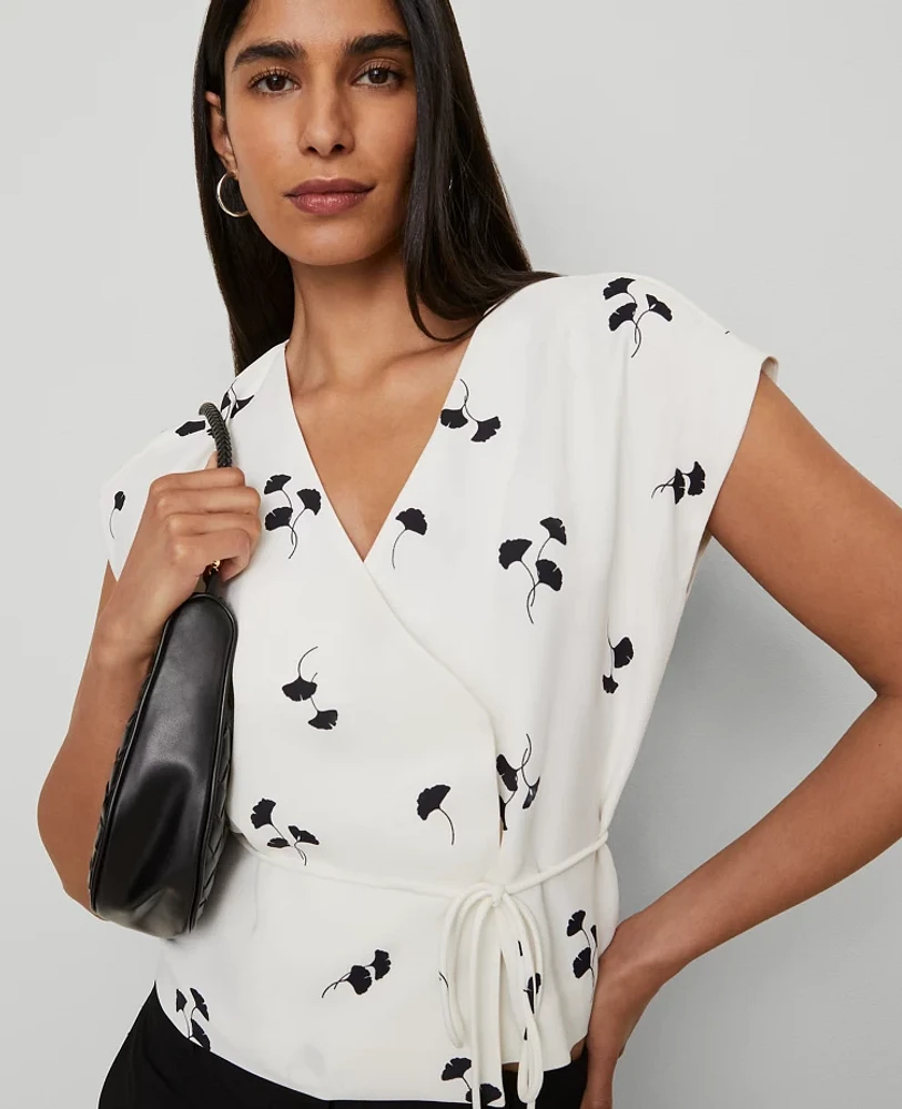 Ann Taylor Floral Wrap Tie Waist Blouse Winter White Women's