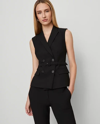 Ann Taylor Belted Double-Breasted Vest Seasonless Stretch Core Black Women's