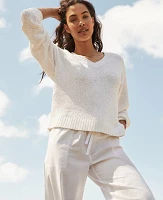 Ann Taylor Haven Well Within Organic Cotton Flat Tape V-Neck Sweater White Women's