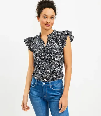 Petite Paisley Ruffle Yoke Tie Neck Top