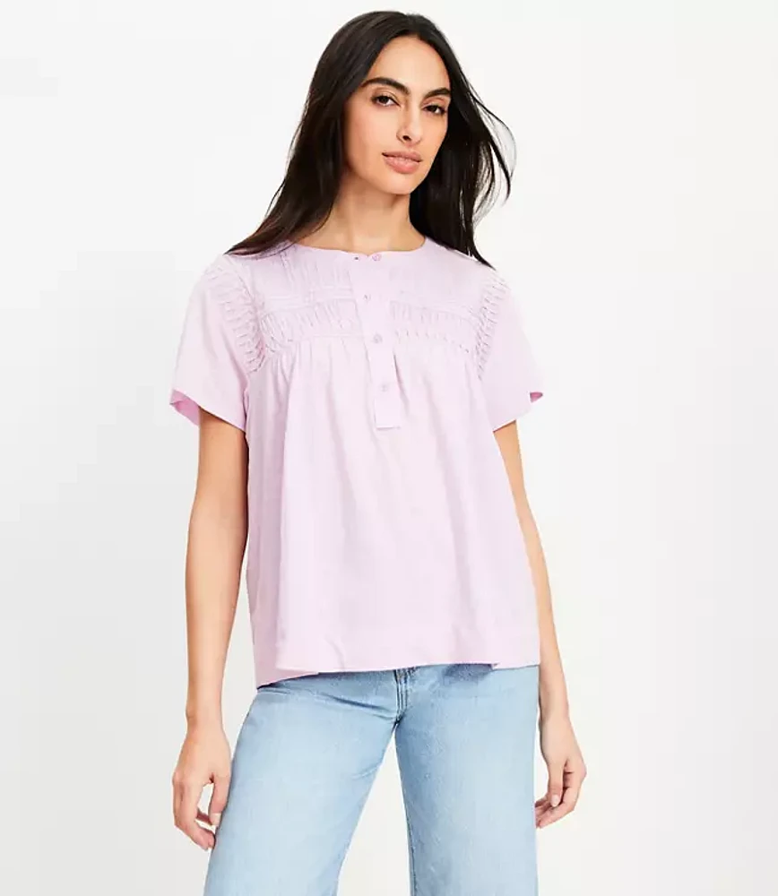 Pintucked Henley Mixed Media Top
