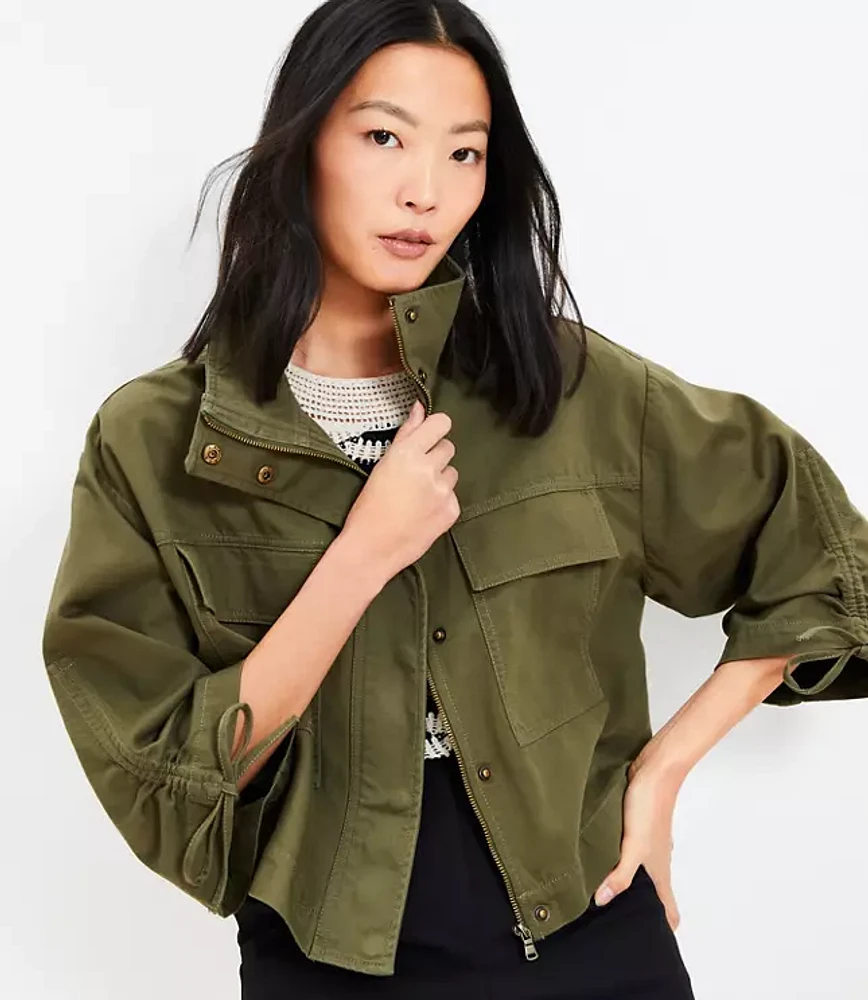 Petite Tie Sleeve Twill Utility Jacket