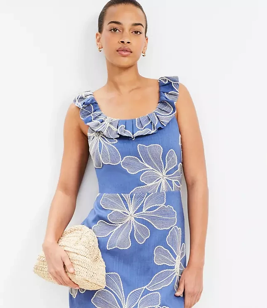 Petite Floral Embroidered Ruffle Neck Mini Dress
