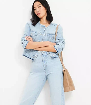 Collarless Denim Jacket in Destructed Light Wash