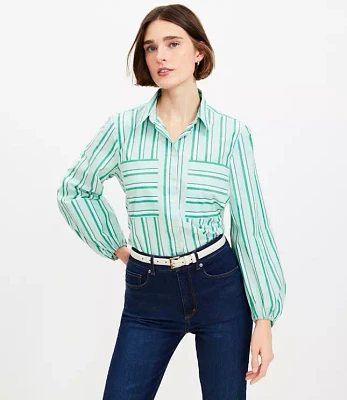 Petite Striped Poplin Blouson Sleeve Pocket Shirt