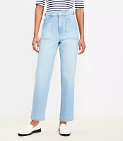 Tab Waist High Rise Straight Jeans Bright Mid Indigo Wash
