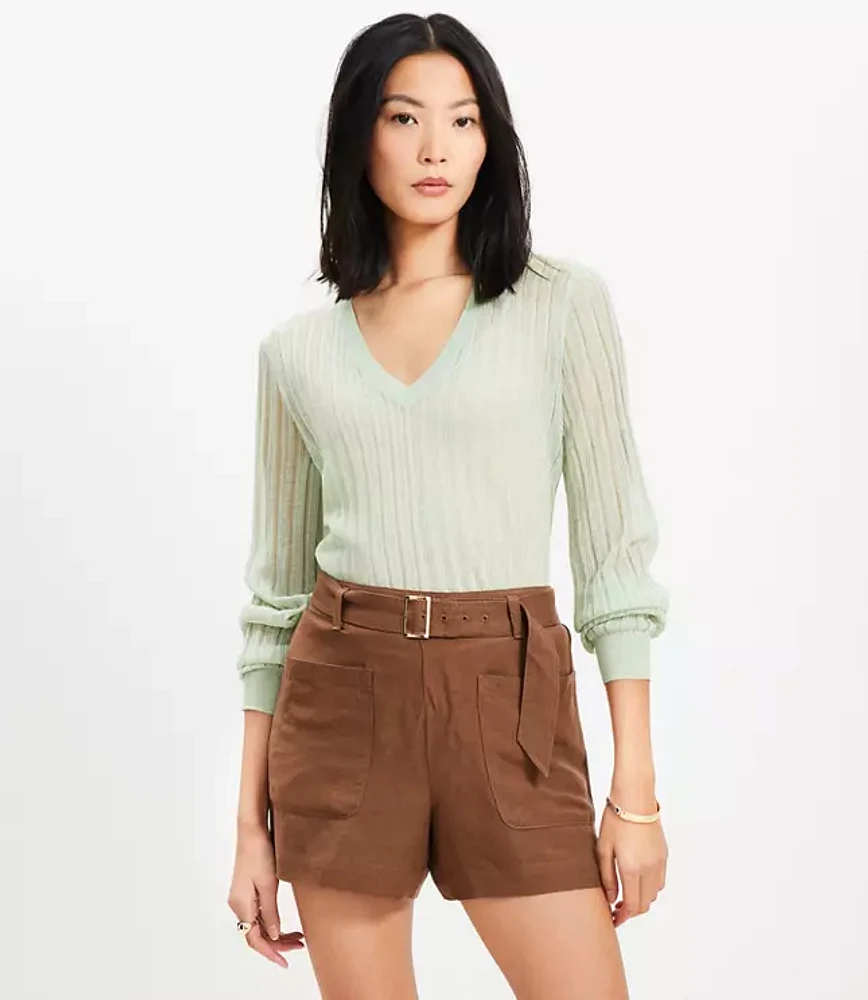 Sheer Ribbed V-Neck Sweater
