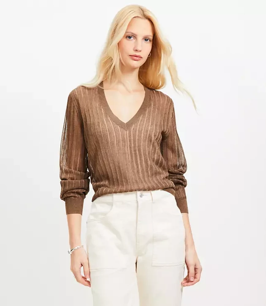 Sheer Ribbed V-Neck Sweater
