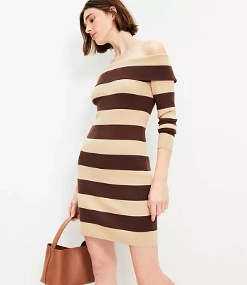 Petite Stripe Ribbed Off The Shoulder Mini Sweater Dress