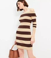 Petite Stripe Ribbed Off The Shoulder Mini Sweater Dress