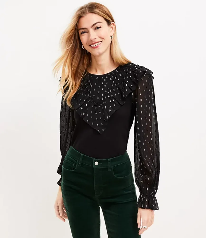 Shimmer Dotted Ruffle Yoke Mixed Media Top