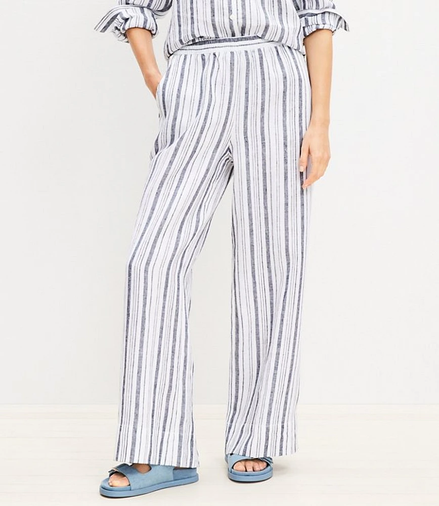 Pull On Wide Leg Pants Striped Linen