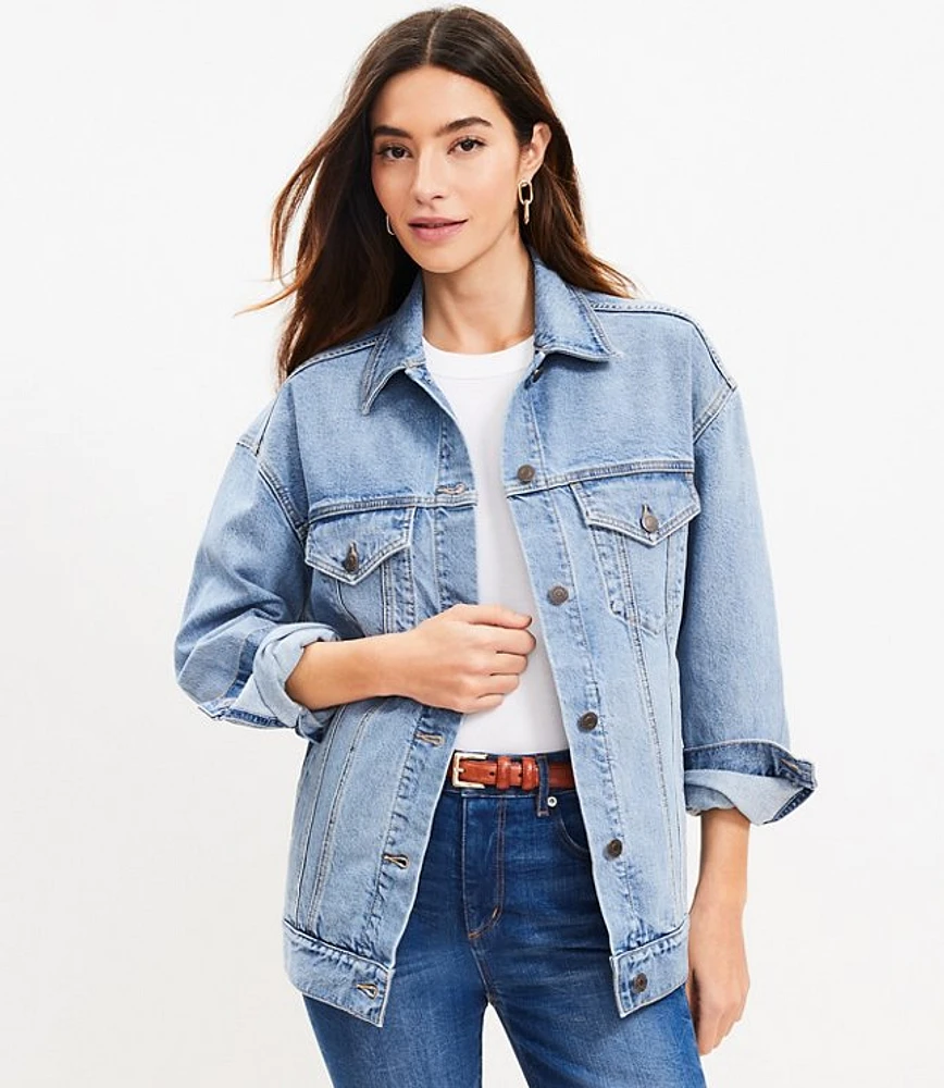 Petite Oversized Denim Trucker Jacket Light Wash Indigo