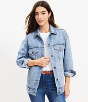 Petite Oversized Denim Trucker Jacket Light Wash Indigo