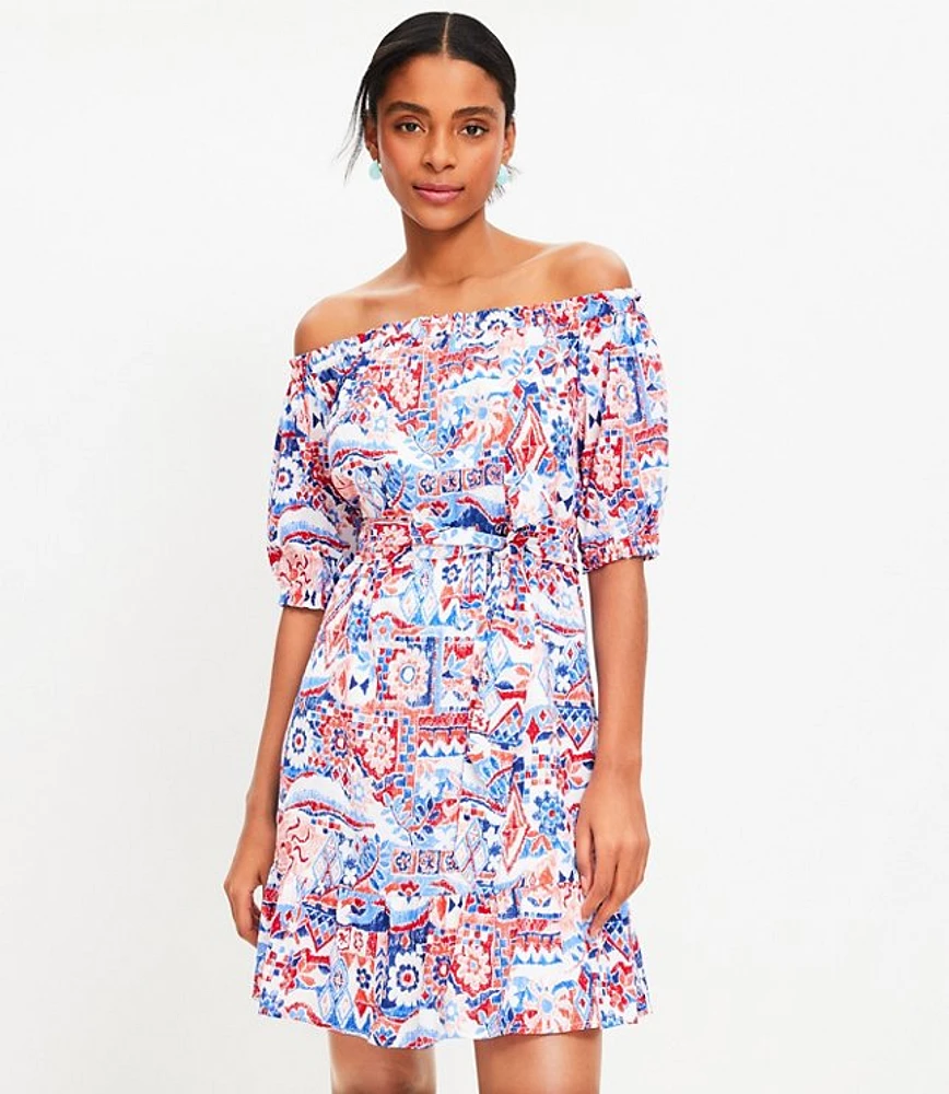 Petite Scribble Ruffle Off The Shoulder Mini Dress