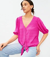 Petite Stamped Puff Sleeve Tie Front Blouse