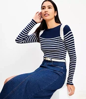 Petite Striped Crochet Shoulder Sweater