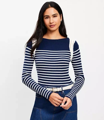Petite Striped Crochet Shoulder Sweater