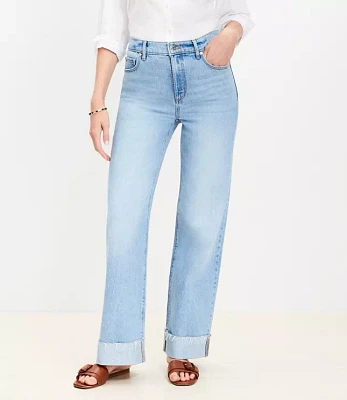 Petite Curvy Flip Cuff High Rise Wide Leg Jeans Light Wash