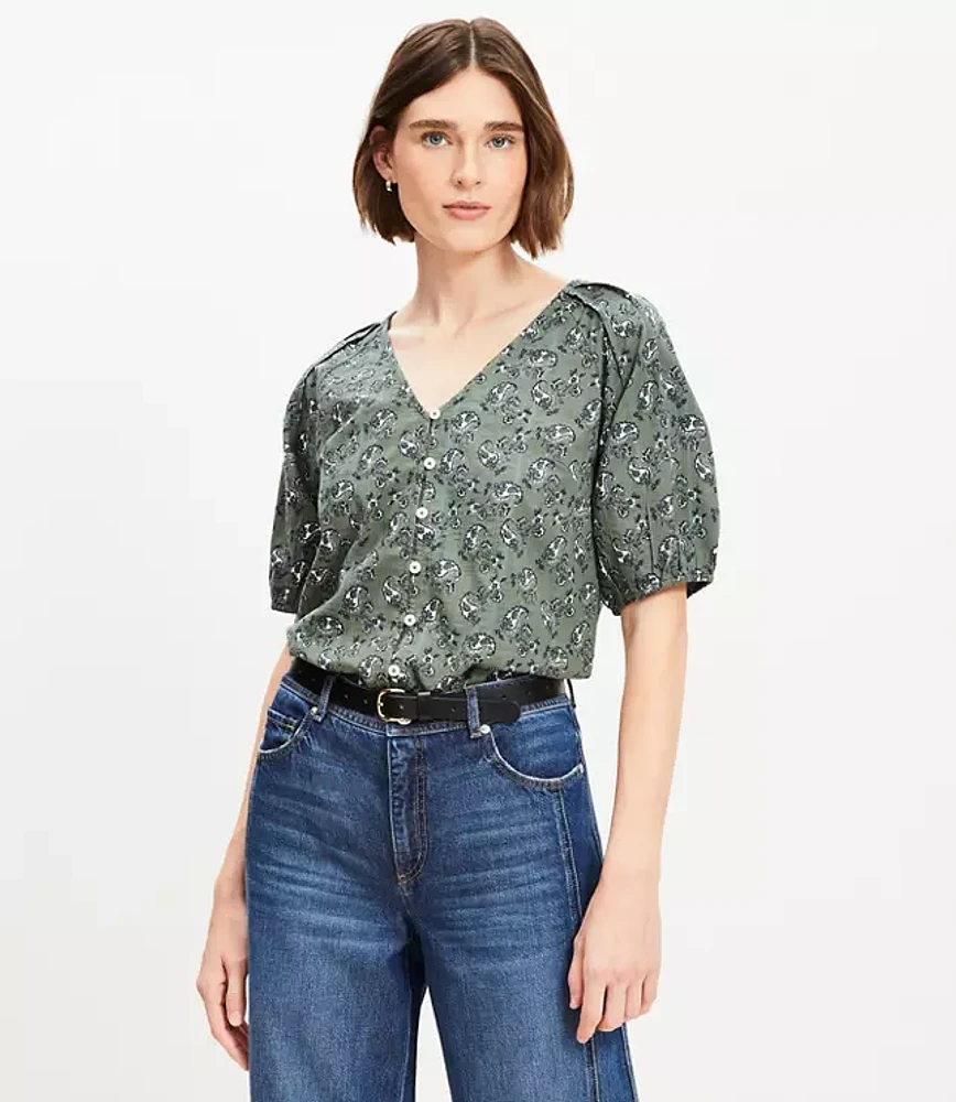 Paisley Bubble Sleeve Mixed Media Blouse