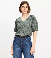 Paisley Bubble Sleeve Mixed Media Blouse