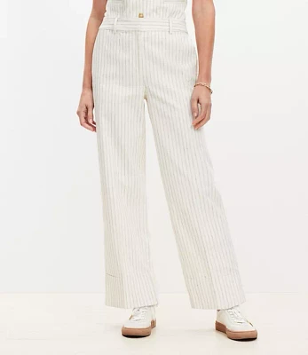 Curvy Cuffed Ankle Pants Striped Cotton Linen