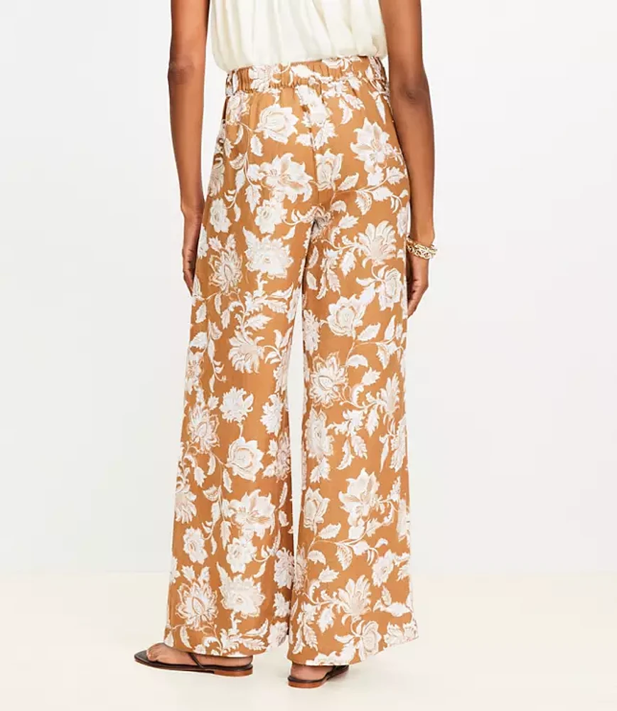 Floral Pull On Wide Leg Pants Linen Blend