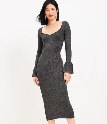Petite Ribbed Trumpet Sleeve Midi Sweater Dress