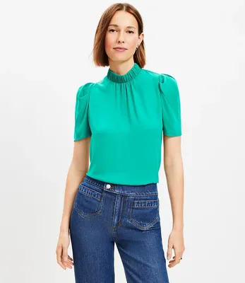 Petite Mock Neck Puff Sleeve Mixed Media Top