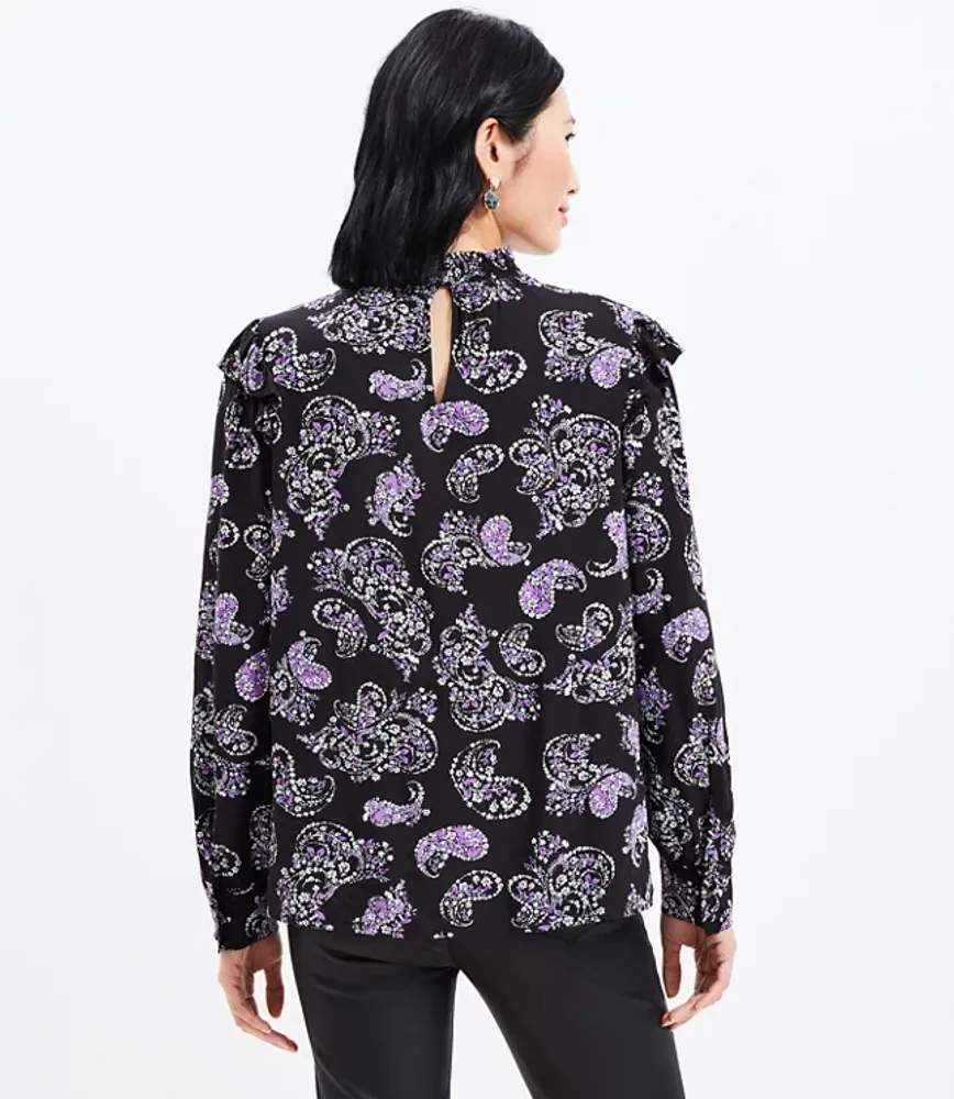Paisley Smocked Ruffle Mock Neck Blouse