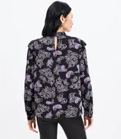 Paisley Smocked Ruffle Mock Neck Blouse