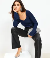 Shimmer Ribbed Sweetheart Neck Flare Cuff Sweater