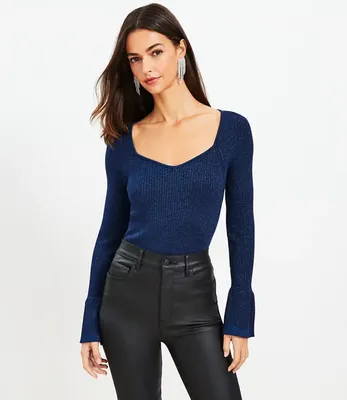 Shimmer Ribbed Sweetheart Neck Flare Cuff Sweater