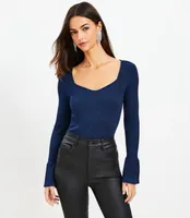 Shimmer Ribbed Sweetheart Neck Flare Cuff Sweater