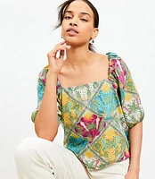Petite Palm Bubble Sleeve Square Neck Blouse