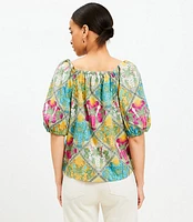Petite Palm Bubble Sleeve Square Neck Blouse