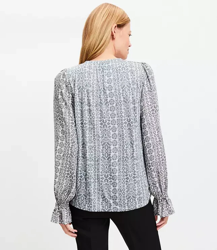 Stripe Mixed Media Ruffle Cuff V-Neck Top