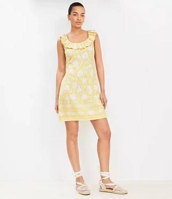 Floral Linen Blend Ruffle Neck Mini Dress