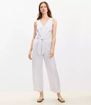 Striped Tie Front Linen Blend Jumpsuit